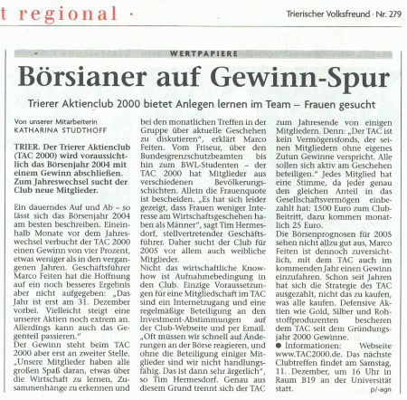 "Börsianer auf der Gewinnspur" (Trierischer Volksfreund, 29.11.2004)