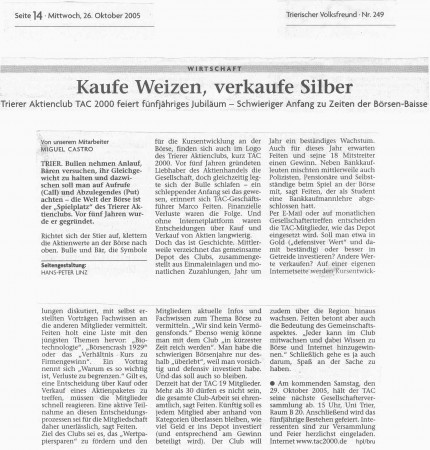 "Kaufe Weizen, verkaufe Silber" (Trierischer Volksfreund, 26.10.2005)